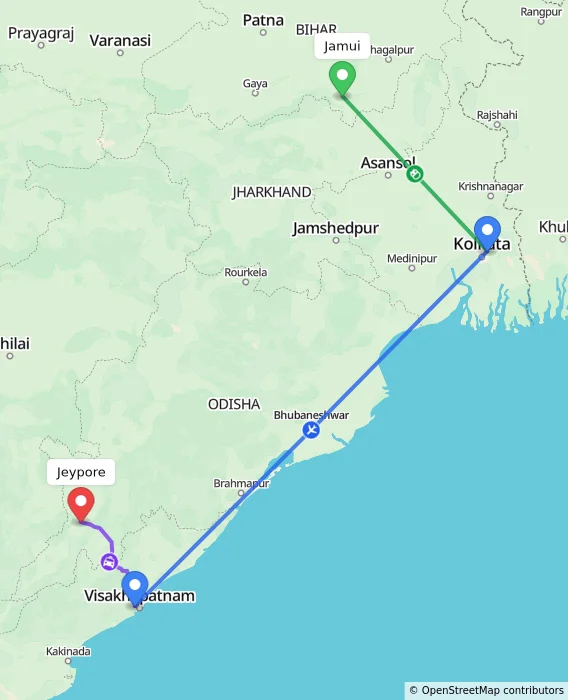 Route map showing distance and travel time from Jamui, India to Jeypore, India