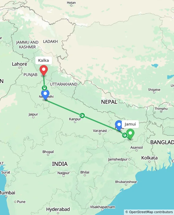Route map showing distance and travel time from Jamui, India to Kalka, India