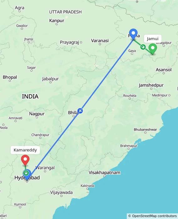 Route map showing distance and travel time from Jamui, India to Kamareddy, India