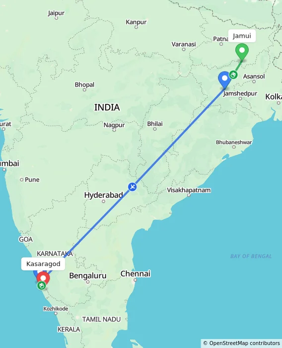 Route map showing distance and travel time from Jamui, India to Kasaragod, India