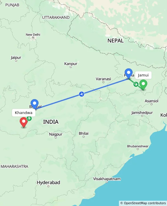 Route map showing distance and travel time from Jamui, India to Khandwa, India
