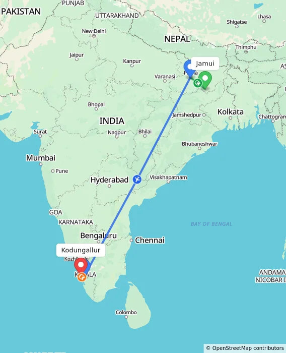 Route map showing distance and travel time from Jamui, India to Kodungallur, India