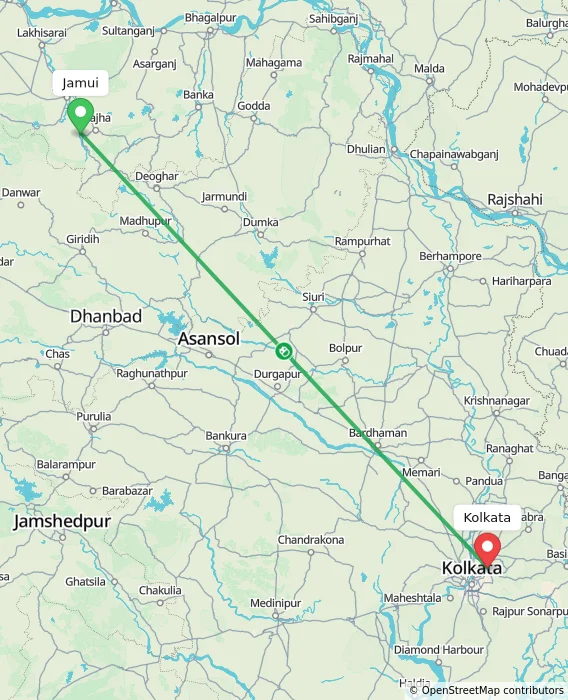 Route map showing distance and travel time from Jamui, India to Kolkata, India