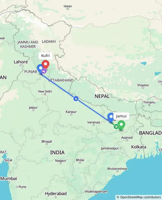 Route map showing distance and travel time from Jamui, India to Kufri, India
