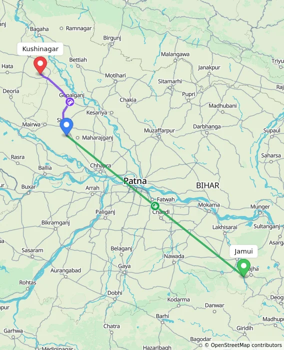 Route map showing distance and travel time from Jamui, India to Kushinagar, India