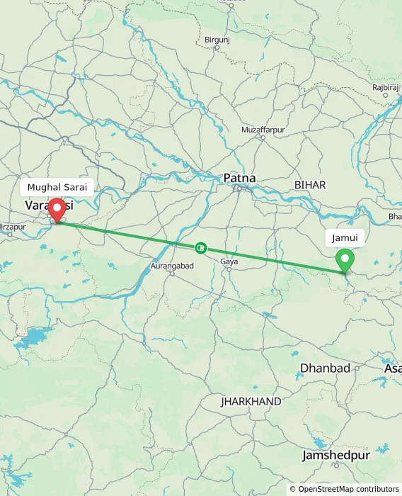 Route map showing distance and travel time from Jamui, India to Mughal Sarai, India