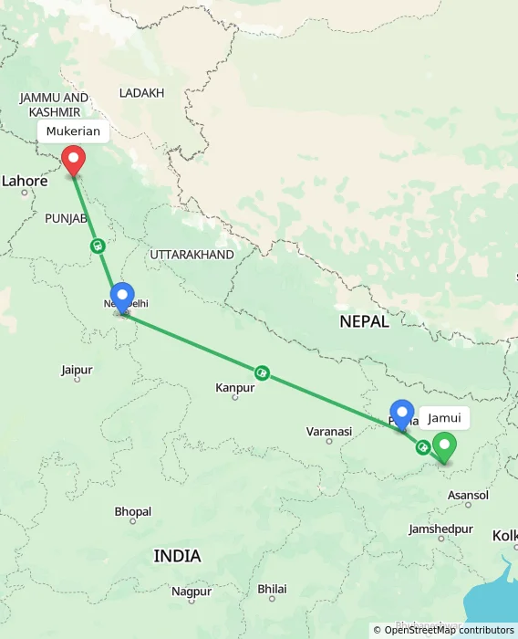 Route map showing distance and travel time from Jamui, India to Mukerian, India