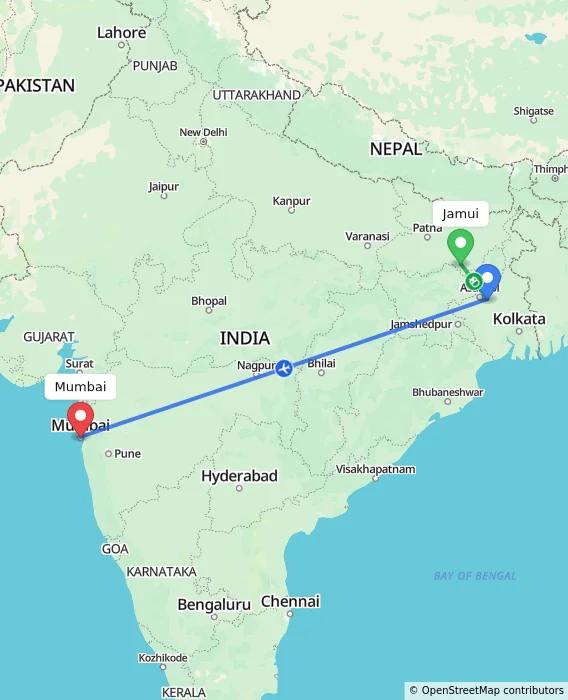 Route map showing distance and travel time from Jamui, India to Mumbai, India