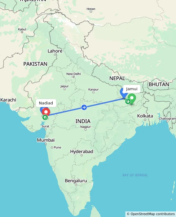 Route map showing distance and travel time from Jamui, India to Nadiad, India