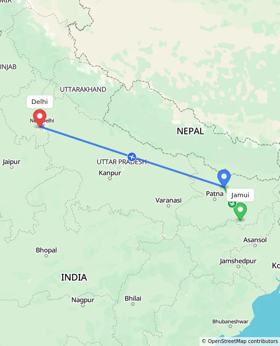 Route map showing distance and travel time from Jamui, India to Delhi, India