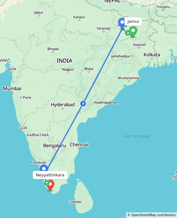 Route map showing distance and travel time from Jamui, India to Neyyattinkara, India