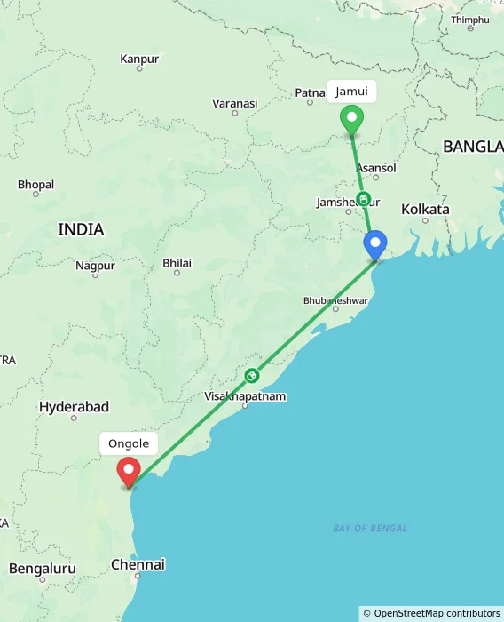 Route map showing distance and travel time from Jamui, India to Ongole, India