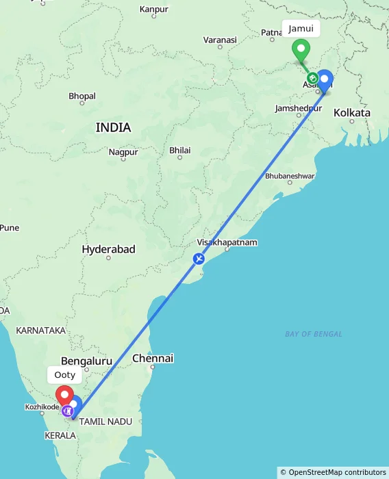 Route map showing distance and travel time from Jamui, India to Ooty, India