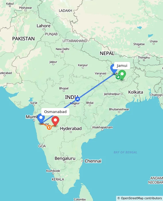 Route map showing distance and travel time from Jamui, India to Osmanabad, India