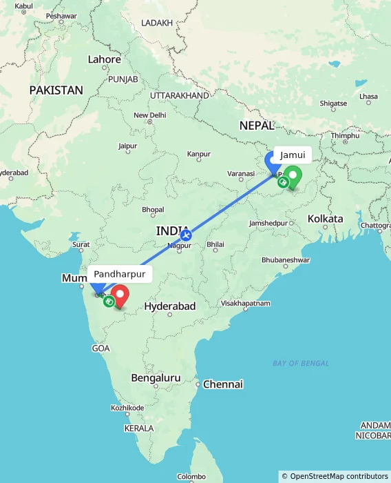 Route map showing distance and travel time from Jamui, India to Pandharpur, India