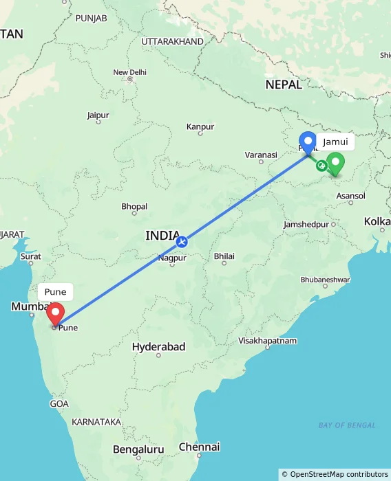 Route map showing distance and travel time from Jamui, India to Pune, India