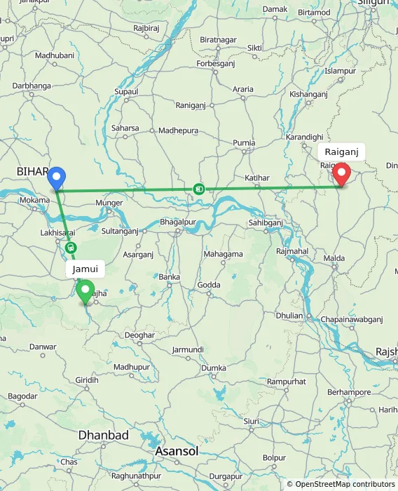Route map showing distance and travel time from Jamui, India to Raiganj, India