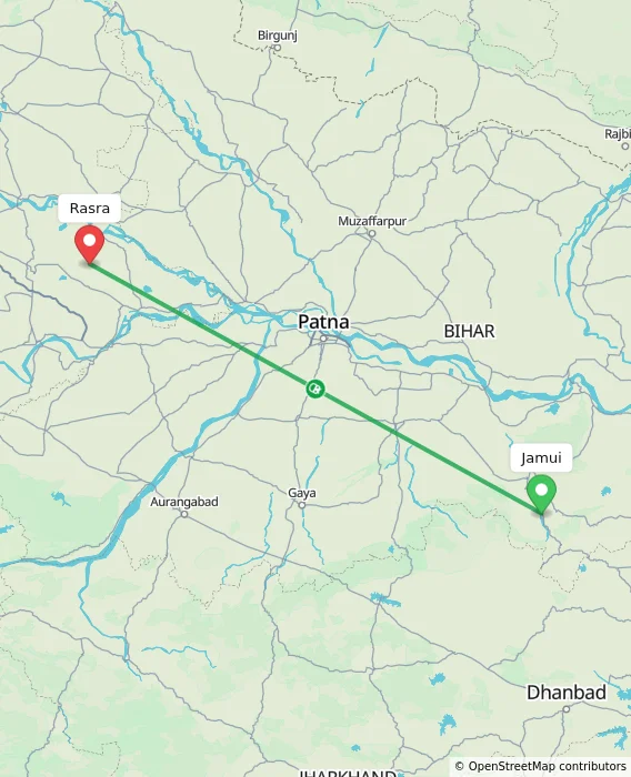 Route map showing distance and travel time from Jamui, India to Rasra, India