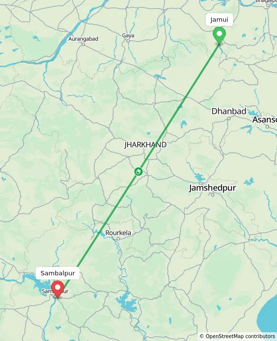 Route map showing distance and travel time from Jamui, India to Sambalpur, India