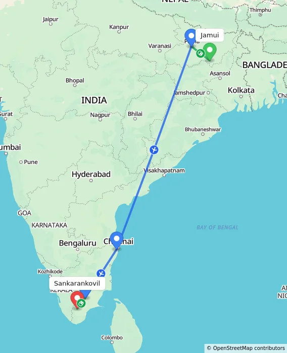 Route map showing distance and travel time from Jamui, India to Sankarankovil, India