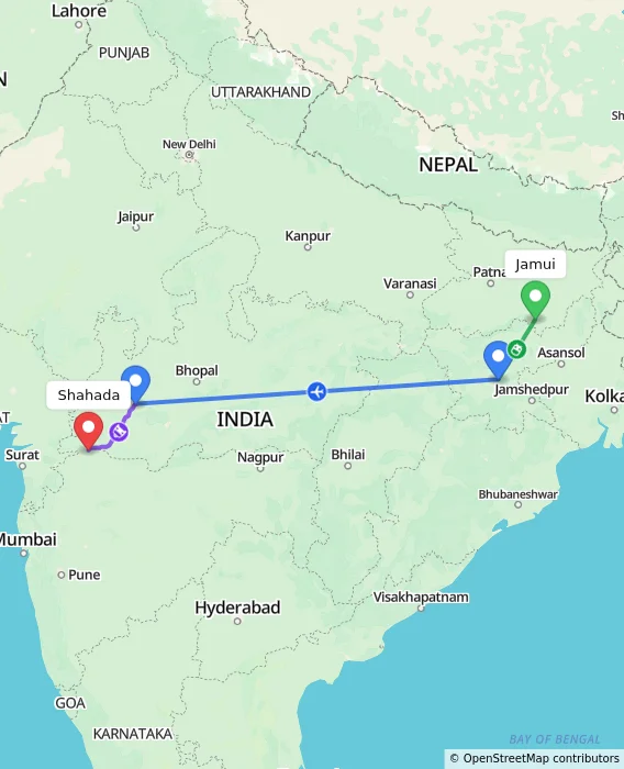 Route map showing distance and travel time from Jamui, India to Shahada, India