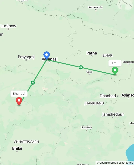 Route map showing distance and travel time from Jamui, India to Shahdol, India
