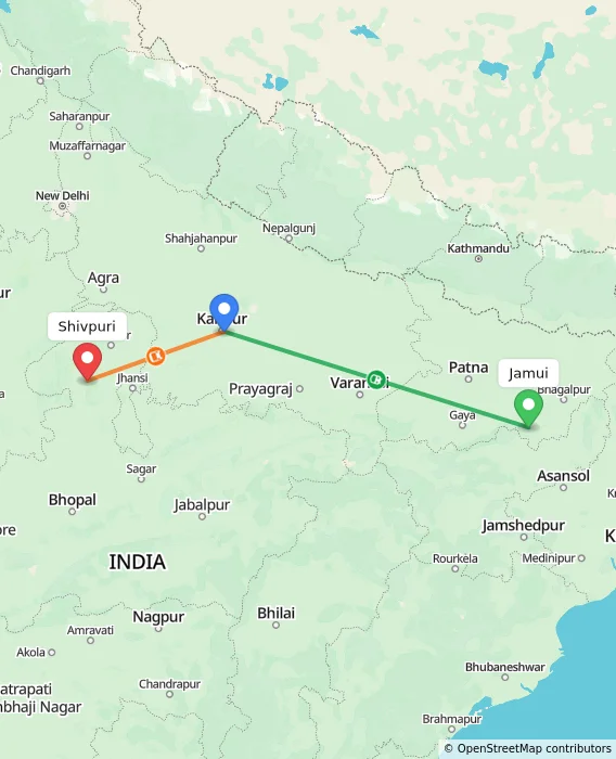 Route map showing distance and travel time from Jamui, India to Shivpuri, India