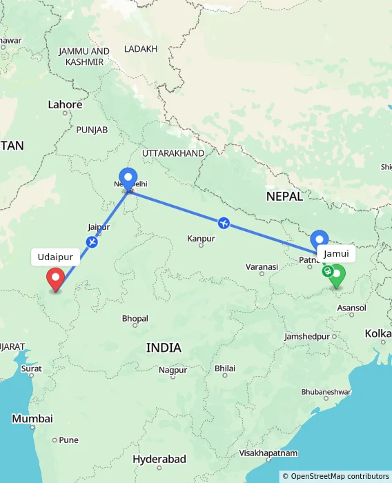 Route map showing distance and travel time from Jamui, India to Udaipur, India