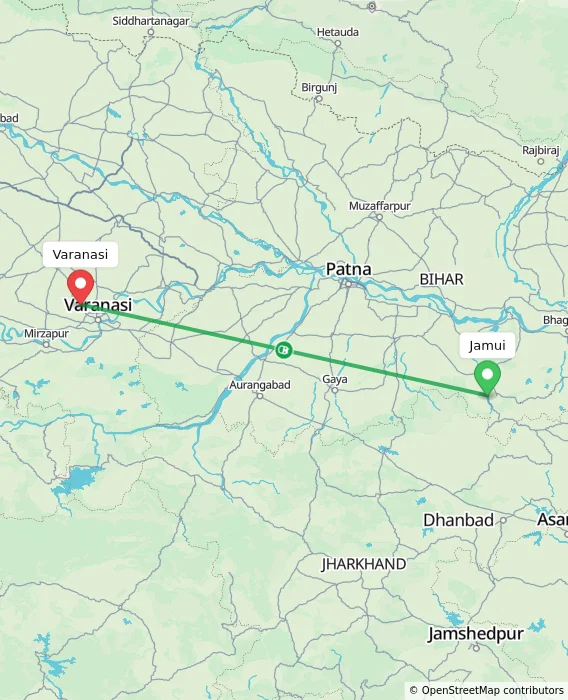 Route map showing distance and travel time from Jamui, India to Varanasi, India