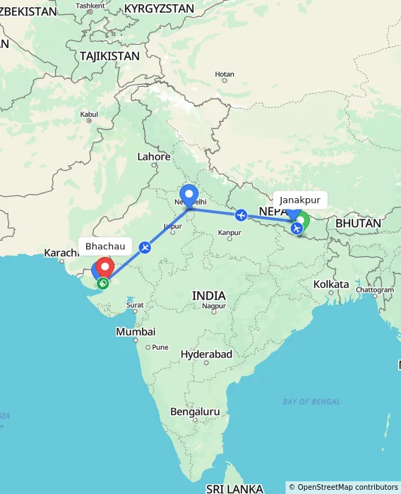 Route map showing distance and travel time from Janakpur, Nepal to Bhachau, India