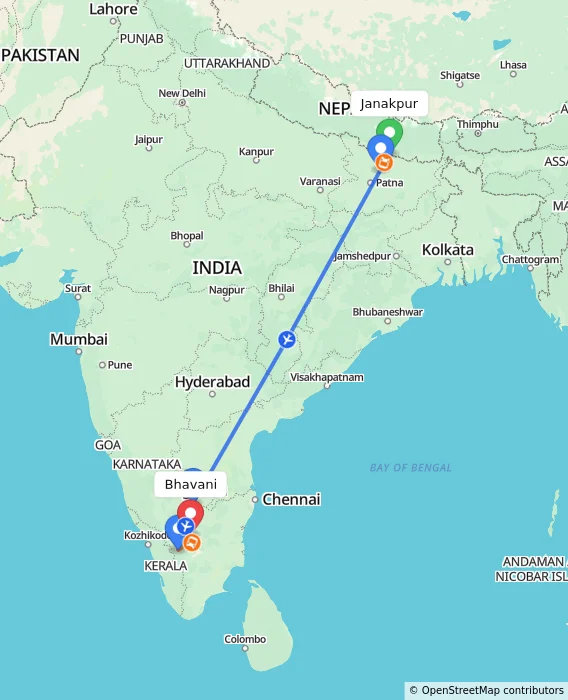 Route map showing distance and travel time from Janakpur, Nepal to Bhavani, India