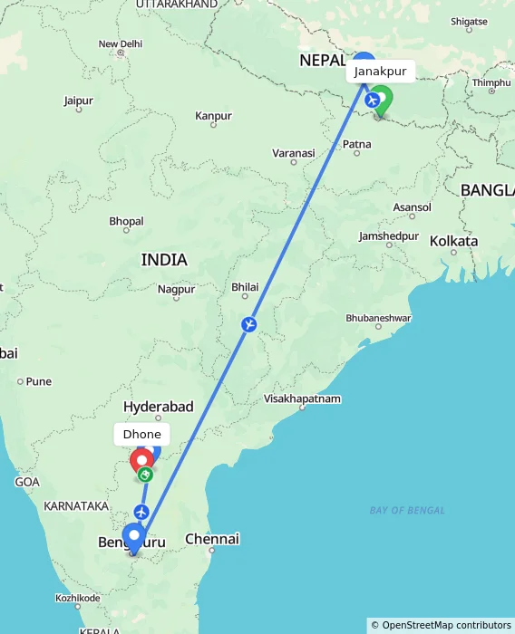 Route map showing distance and travel time from Janakpur, Nepal to Dhone, India