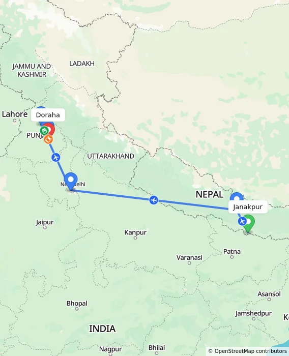 Route map showing distance and travel time from Janakpur, Nepal to Doraha, India