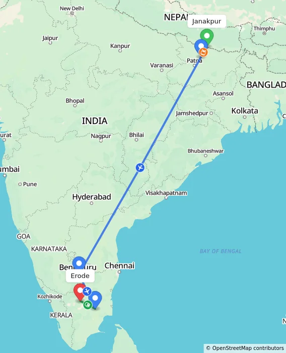 Route map showing distance and travel time from Janakpur, Nepal to Erode, India