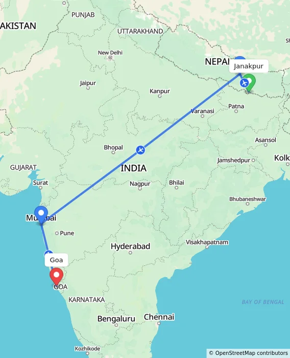 Route map showing distance and travel time from Janakpur, Nepal to Goa, India