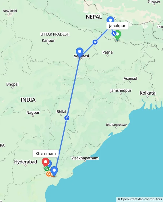 Route map showing distance and travel time from Janakpur, Nepal to Khammam, India