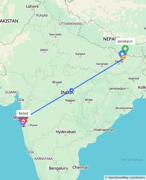 Route map showing distance and travel time from Janakpur, Nepal to Kolad, India