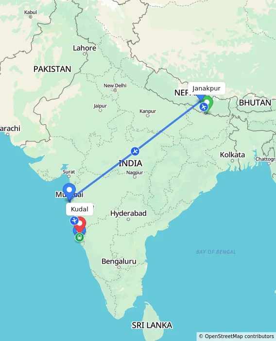 Route map showing distance and travel time from Janakpur, Nepal to Kudal, India