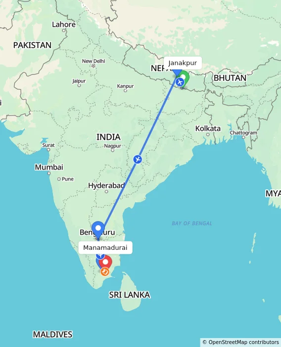 Route map showing distance and travel time from Janakpur, Nepal to Manamadurai, India