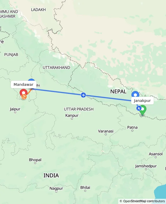 Route map showing distance and travel time from Janakpur, Nepal to Mandawar, India