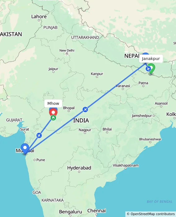 Route map showing distance and travel time from Janakpur, Nepal to Mhow, India