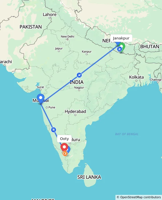 Route map showing distance and travel time from Janakpur, Nepal to Ooty, India