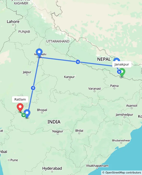 Route map showing distance and travel time from Janakpur, Nepal to Ratlam, India
