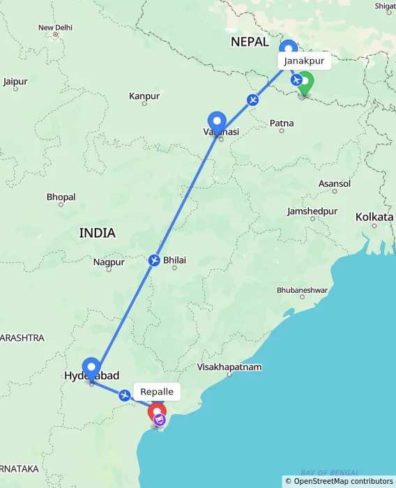 Route map showing distance and travel time from Janakpur, Nepal to Repalle, India