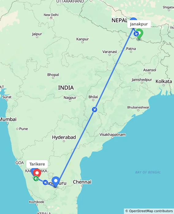 Route map showing distance and travel time from Janakpur, Nepal to Tarikere, India