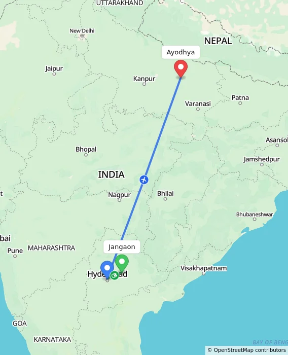 Route map showing distance and travel time from Jangaon, India to Ayodhya, India