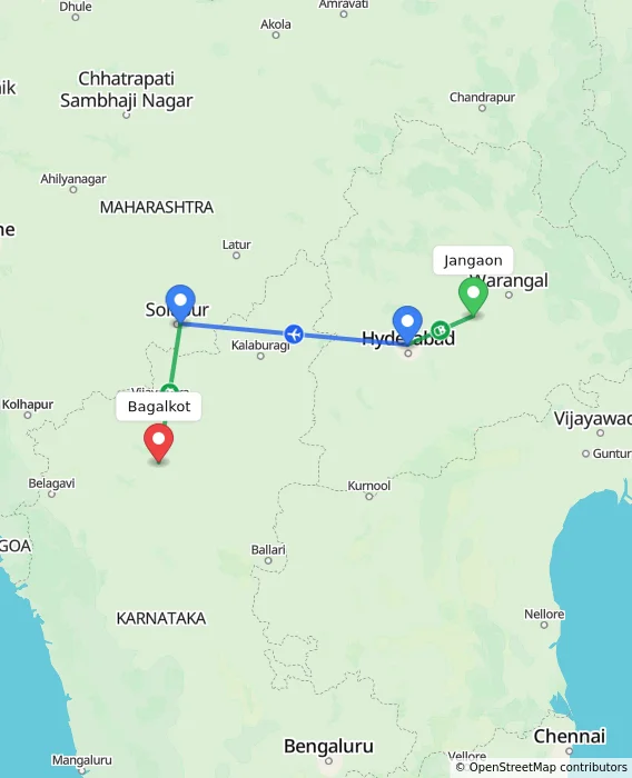 Route map showing distance and travel time from Jangaon, India to Bagalkot, India