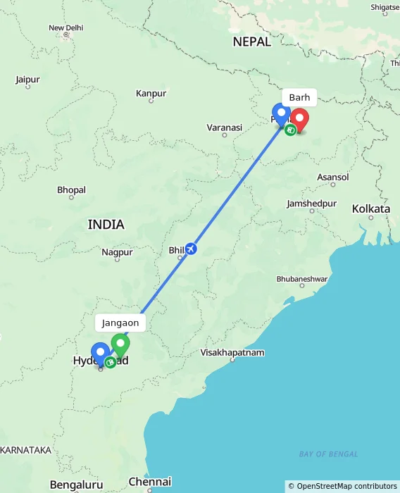Route map showing distance and travel time from Jangaon, India to Barh, India