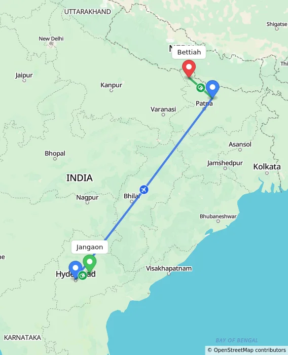 Route map showing distance and travel time from Jangaon, India to Bettiah, India