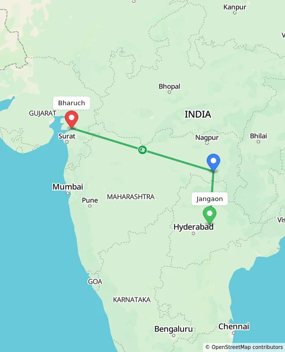 Route map showing distance and travel time from Jangaon, India to Bharuch, India